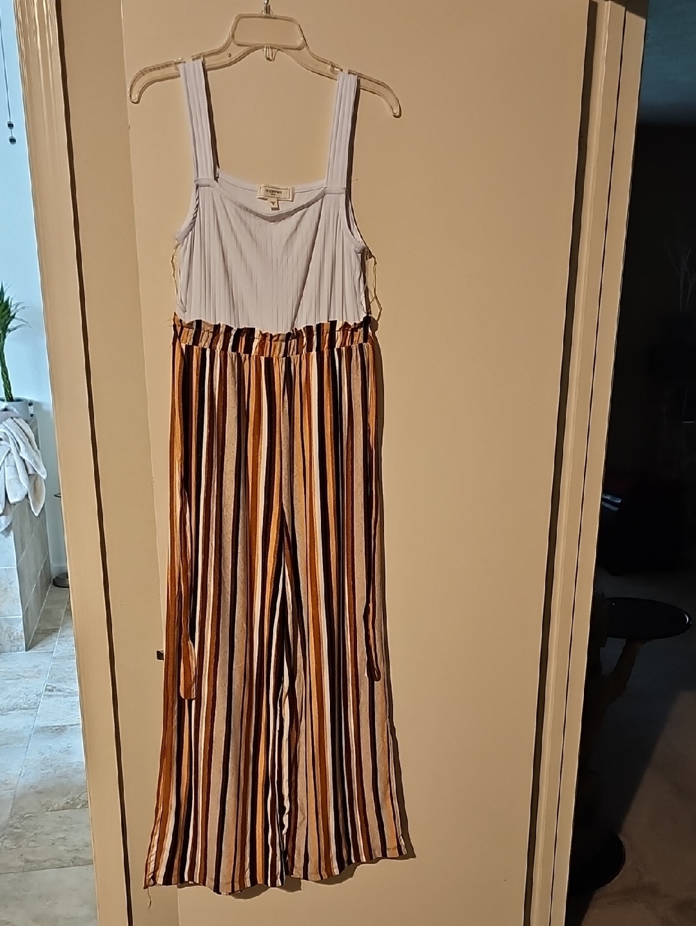 Sleeveless Striped Wide-Leg Jumpsuit in White and Brown